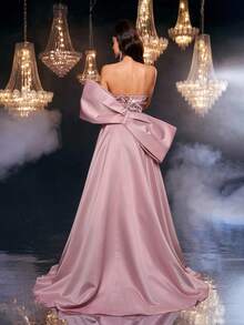 Glamrae 优雅奢华刺绣珍珠亮片花卉贴花大蝴蝶结设计性感露肩超长连衣裙，超大裙摆，适合婚礼、派对、舞会、度假、舞会礼服（重饰） - 藕粉色 - 查看 4