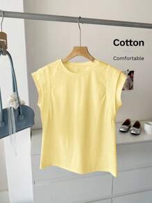 SHEIN LUNE Regular Fit Yellow Short Sleeve Women T-Shirt With Batwing Style And Classic Design Cotton Top Summer Butter Solid Color - Yellow - View 3