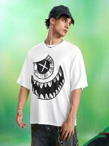 MADBALLS X SHEIN 男士休闲街头卡通字母印花落肩宽松白色T恤，夏季 - 白色 - 查看 5
