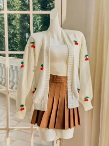 SHEIN MOD 休闲时尚百搭 3D 樱桃装饰长袖女士开衫 返校服装 白色开衫 休闲日常穿着、上衣、女士早午餐、文艺复兴博览会、女士音乐会、度假风格音乐节 秋冬女士服装 - 杏色 - 查看 1