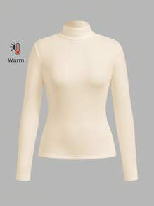 SHEIN BASICS 秋冬季基本款高领修身长袖纯色女式上衣，升级保暖内衬，时尚、休闲、舒适、百搭，不会显得臃肿 - 杏色 - 查看 8