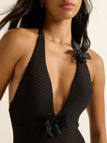 Nöista Black Ribbed One-Piece Swimsuit,Elegant Halter Deep V Neckline With 3D Flower Appliques,Summer Vacation Holiday Essential Swimwear For Women - Black - View 5
