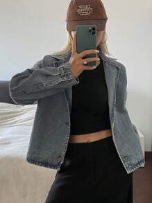 DAZY Women's Turndown Collar Loose Short Casual Denim Jacket And Coat - Medium Wash - View 1