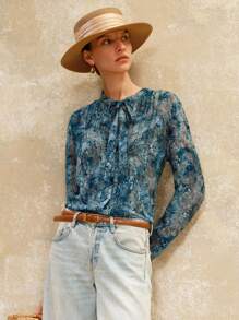 EMERY ROSE 女士休闲蓝色雪纺印花系带衬衫，适合日常通勤、秋季新款、返校季、办公穿着、教师装。 - 藍色 - 查看 2