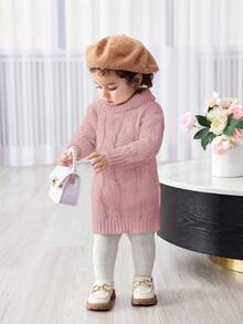 SHEIN Babygirl Cute Twist Cable White High Neck Casual Dress, Autumn/Winter Baby Girl Knit Sweater Dress Baby Girl Sweater Dress Pink Baby Girl Sweater Baby Girl Fall Clothes Baby Knitwear - Pink - View 3