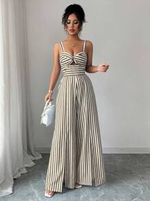 Elenzga 休闲条纹腰带女式连体裤