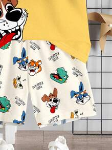 SHEIN 卡通、兔子、小狗、儿童精选系列、日常基本款、快乐的孩子、适合孩子的柔和色彩、骑行风格、家庭旅行、快乐的日子、我爱妈妈、我爱爸爸、可爱的家、酷酷的孩子、小男孩休闲简约圆领短袖短裤两件套，适合夏季 - 彩色 - 查看 5