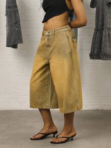 COUREZ 低腰牛仔短裤，黄色水洗/Y2K低腰牛仔裤，外出穿搭，街头风，棉质，复古，秋季女装，秋季服装，度假穿搭 - 芥末黃 - 查看 6