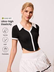 Gameset SHEIN Sport 女式撞色领短袖单排扣短款运动 Polo 衫 - 黑與白 - 查看 3