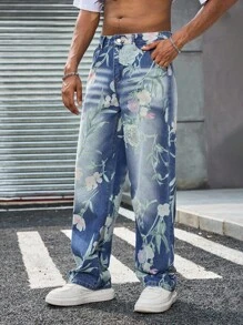 Manfinity LEGND 男士休闲玫瑰印花胡子条纹水洗宽松直筒牛仔裤，春夏