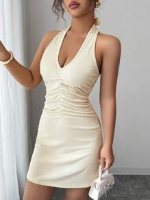 Chiquease Vestido con cuello en V, fruncido en la parte delantera, vestido con espalda descubierta y tirantes con lazo, vestido de cuello halter, vestido de verano, ropa para la universidad - Albaricoque - Ver 4