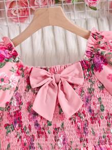 Sparklyn Girls' Allover Print Jumpsuit With Square Collar And Puff Sleeves, Summer Vacation Style - Pink - View 3