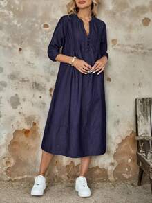 EMERY ROSE 新款女士牛仔连衣裙长袖中长半开襟宽松A字牛仔连衣裙/深蓝色连衣裙/秋季服装/女士办公室服装/生日礼服/女士外出上衣/教师服装/乡村音乐会服装/女士街头服饰/商务休闲/返校服装/女士秋装/素色连衣裙 - 深色水洗藍 - 查看 3