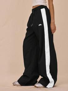 MUSERA Drawstring Waist Nylon Contrast Panel Wide Leg Tracksuit Bottoms Only Airport, Casual - Black - View 3