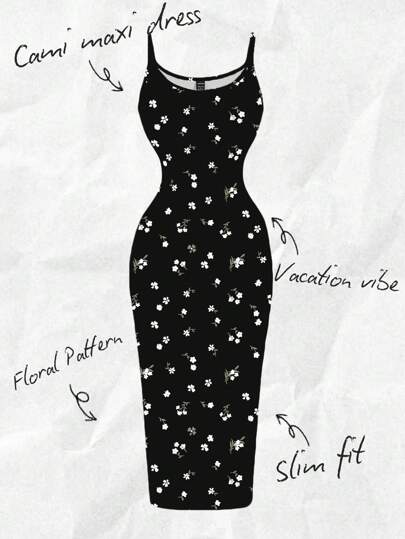 SHEIN EZwear 休闲简约度假风格 Ditsy ,H/J.Ky78 Y6h7ugt8bjin9 MFloral 修身紧身吊带裙，适合夏季、度假、海滩黑色碎花裙碎花连衣裙黑色长裙吊带裙波西米亚风适合外出