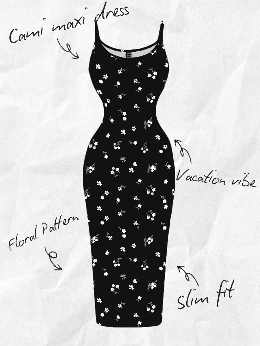 SHEIN EZwear 休闲简约度假风格 Ditsy ,H/J.Ky78 Y6h7ugt8bjin9 MFloral 修身紧身吊带裙，适合夏季、度假、海滩黑色碎花裙碎花连衣裙黑色长裙吊带裙波西米亚风适合外出 - 彩色 - 查看 1