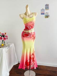 Soleia 女士度假风彩色海洋元素贝壳海星印花拼接荷叶边不对称腰身弹力腰拼接不对称下摆半身裙套装，适合派对、约会、海滩、下午茶、叠穿、返校、返校节等场合。 - 彩色 - 查看 4