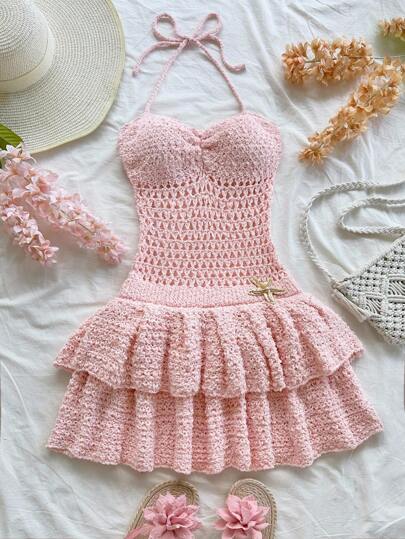 Soleia Women's Sexy Starfish Decor Halter Neck Ruffle Hem Sweater Dress, Suitable For Holiday, Date, Afternoon Tea, Beach, Cruise, City Trip, Wedding Season, Music Festival, Boho Vacation Pink Crochet Dress Crochet Crochet Outfit Crochet Summer Dress Crochet Mini Dress