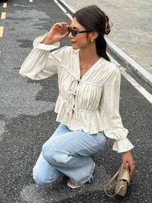 SHEIN Frenchy قميص نسائي كاجوال لليومية بأكمام طويلة وأربطة بسيطة - لون مشمشي - مشاهدة 5
