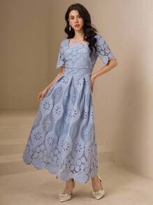 DAZY 优雅蕾丝方领泡泡袖中长连衣裙，适合夏季女士穿着 - 藍色 - 查看 3