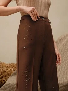 Anewsta High Waist Flare Leg Pants With Star Rhinestone Decor, Fashionable Urban Style - Brown - View 4
