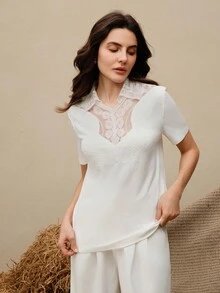 Anewsta Áo thun tay ngắn họa tiết ren trắng thời trang cao cấp thanh lịch dành cho nữ, Xuân/Hè - trắng - Xem 4