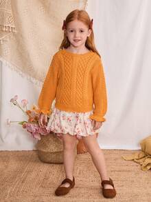 Blossori Young Girls' French Elegant Twist Floral Puff Sleeve Pullover Sweater Girls Orange Sweater Kids Knit Sweater Cable Knit Sweater Girls Girls Fall Sweater Toddler Girl Sweater Winter - Orange - View 4