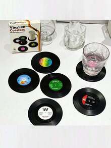 SHEIN 6 buc suporturi de pahare pentru discuri de vinil, pernă antiderapantă rezistentă la căldură, model vintage clasic retro american rock cu muzică CD, pernă izolatoare, decor pentru casă/