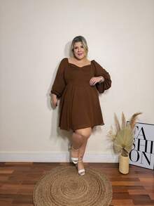 magalhaesca Plus Tie Back Lantern Sleeve Ruched Bust Dress,Corset Dress For Women - Chocolate Brown - View 5