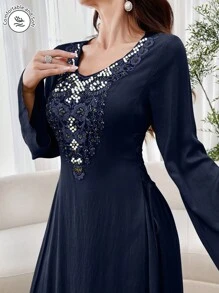 Al Najma Vestido casual de manga larga con decoración de perlas falsas, de estilo árabe modesto para mujer - Azul Marino - Ver 1