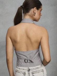 TypaGal Button-Up Tie Top,Gray Summer Chic Halter Top With Collar,Punk Tailoring 2000s Streetwear,Structured Rebellion Night Out Club Style For Women - Light Grey - View 5