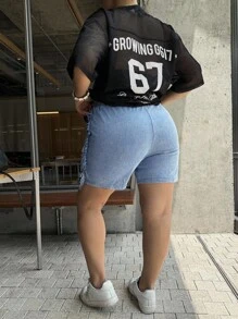 Dripcurv Pantaloni scurți skinny din denim pentru femei, mărime plus, casual, de vară, la modă, cu ciucuri, decorați cu ciucuri - Albastru - Vizualizare 2