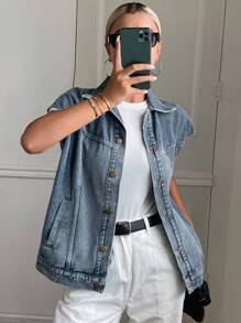 DAZY 女式翻领无袖背心，宽松休闲街头风格牛仔夹克和外套 - 中等水洗藍 - 查看 1