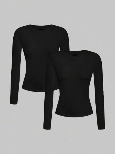 SHEIN EZwear 2pcs Casual Tight Fit Crew Neck Long Sleeve T-Shirt Set, Suitable For Autumn/Winter,Fall Clothes For Women