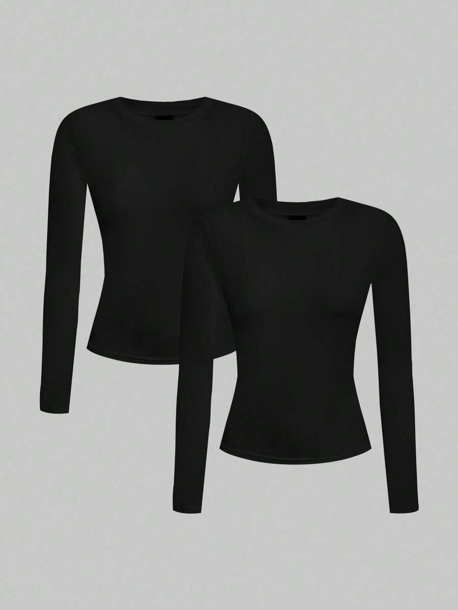 SHEIN EZwear Bộ 2 áo thun cổ tròn tay dài ôm sát thoải mái, phù hợp cho mùa thu/đông - màu đen - Xem 1