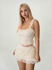 Sweetina Bộ đồ lót ren dệt kim và váy ngắn cho nữ, gợi cảm, quyến rũ, mùa tựu trường - Màu be - Xem 5