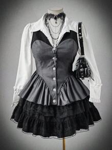 Flirla Fashion Contrast Color Patchwork Lapel Ruffle Hem Fitted Blazer  Vintage Winter Fall Autumn - Multicolor - View 1