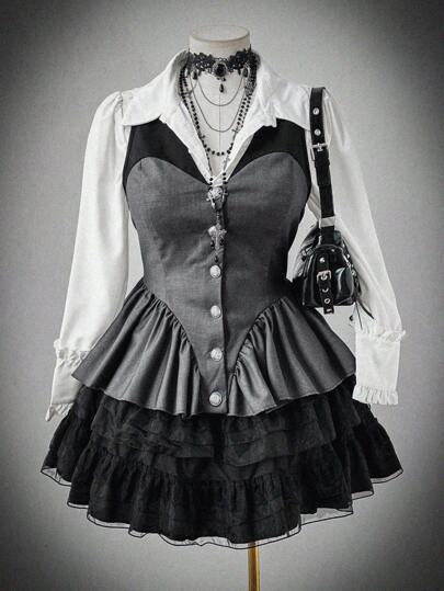 Flirla 时尚撞色拼布翻领荷叶边下摆修身西装外套