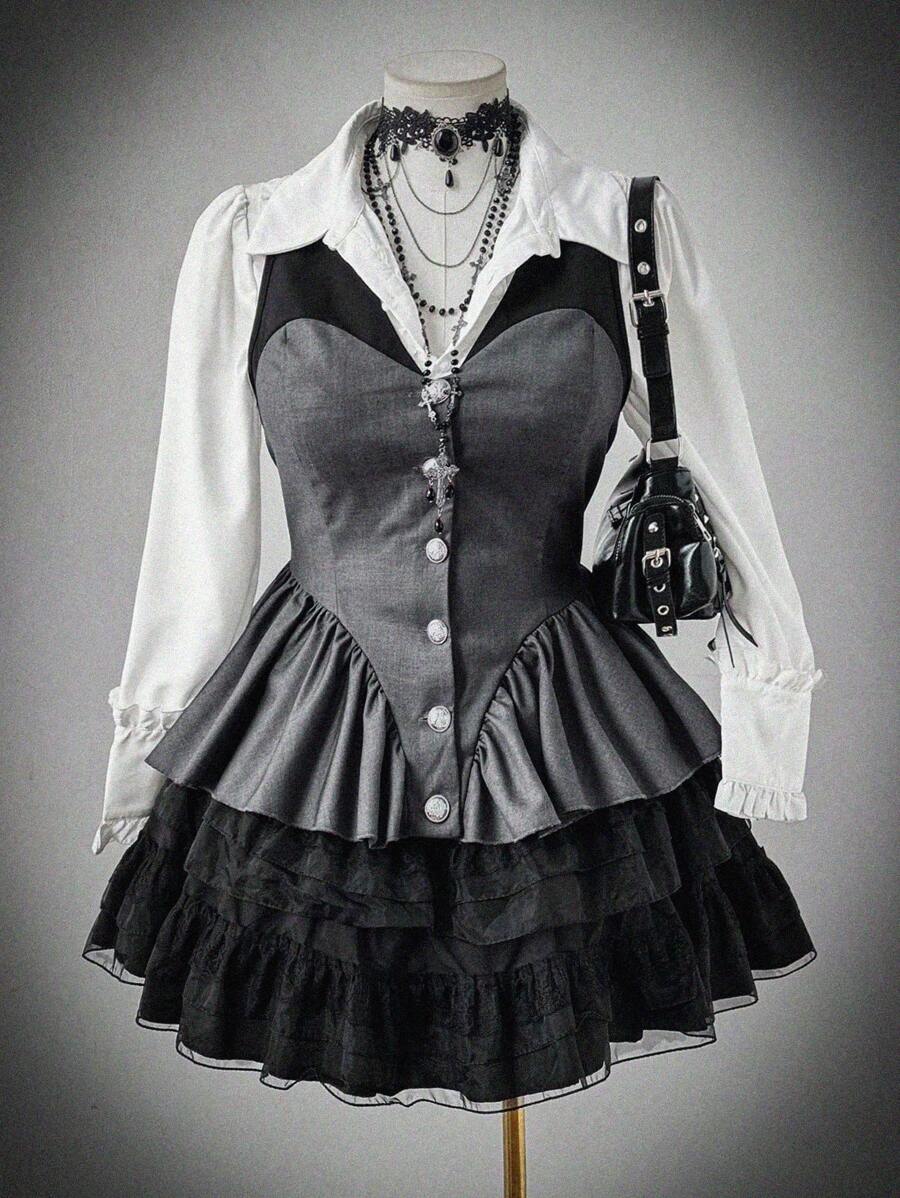 Flirla Fashion Contrast Color Patchwork Lapel Ruffle Hem Fitted Blazer  Vintage Winter Fall Autumn - Multicolor - View 1