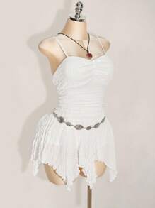 SHEIN ICON 大码女式纹理吊带背心不对称下摆连衣裙 - 白色 - 查看 5