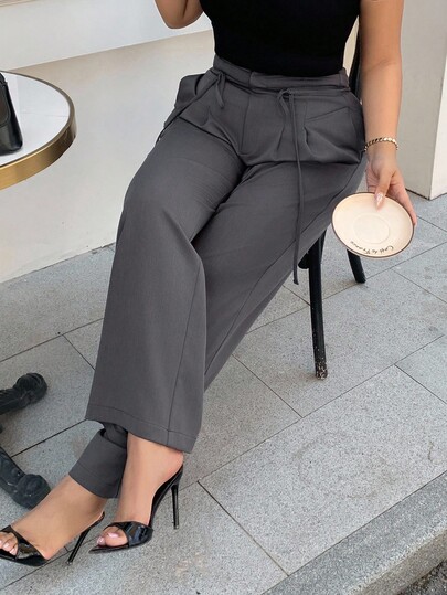 Dazy Plus Drawstring Waist Design Casual Loose Fit Plus Size Women Pants Buisness Attire