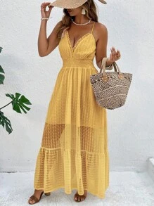 SHEIN Clasi 大码女式度假风格纹理吊带背心连衣裙，带荷叶边下摆和收腰设计 - 黃色 - 查看 4