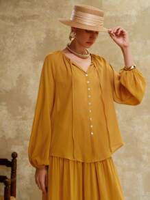Revavyn Revavyn Áo sơ mi nữ bằng vải chiffon thanh lịch tay phồng, cài cúc, thắt nơ phía trước, thích hợp mặc đi làm, đi nghỉ mát, áo dễ thương, áo sơ mi cài cúc, phong cách boho, áo kiểu rộng rãi, phong cách Nashville, trang phục nghỉ dưỡng, trang phục công sở, trang phục mùa thu, phong cách cổ điển thường ngày mùa xuân. - Màu vàng - Xem 7