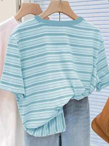 女款T恤/蝴蝶结图案印花/蓝色、浅蓝色条纹格子大码T恤/刺绣工艺/女士休闲超宽松圆领上衣/春夏 - 彩色 - 查看 2