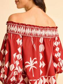 CAJUNI Blus Wanita Modis dengan Motif Geometris, Model Bahu Terbuka, dan Lengan Lentera - Merah - View 6