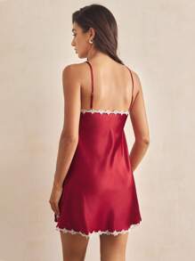 Charlaine 女士优雅蕾丝边缎面睡袍 - 酒紅色 - 查看 2