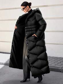 CLARA VERO Women's Solid Color Long Sleeve Single-Breasted Long Casual Hooded Winter Jacket