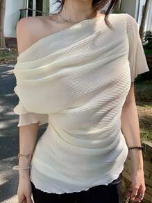 DAZY 夏季修身雪纺露肩短袖衬衫，优雅百搭，适合办公室、派对、婚礼等场合，荷叶边下摆，尽显女性魅力。 - 米色 - 查看 2