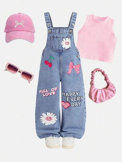 SHEIN Young Girl  Y2K Cute Floral, Smiling Face, Cherry, Bow Design Blue Denim Denim Wide-Leg Trousers Jumpsuit,Loose,Comfortable And Casual Vacation Outfits,2000s Style   ,Kawaii ,Back To School Clothes ,Streetwear,Fall Kid's  Casual And Comfortable  Wear
