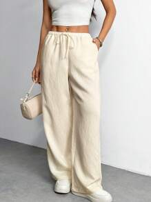 SHEIN PETITE Women's Beige Casual Basic Wide Leg Pants ,Petite Women - Beige - View 6